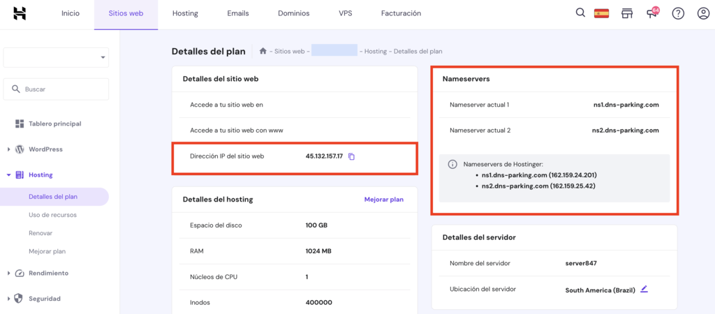 Detalles del plan en hPanel